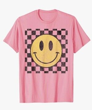 Retro Happy Face Checkered Smile Graphic Tee Trendy Cute T Shirt Adult Unisex